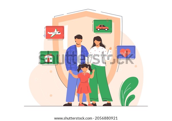 Home, car, travel and health insurance. Flat\
family with safety shield. Happy parents with children. Protection\
property and life of characters. Coverage accident and assurance\
plan concept.