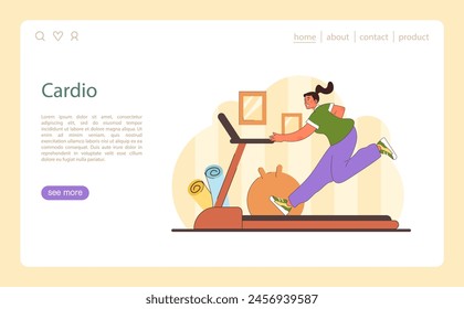 Home Cardio illustration. Dynamic home workout scene with a woman using a treadmill, embodying an active lifestyle and cardiovascular health. Flat vector illustration suitable for fitness content.