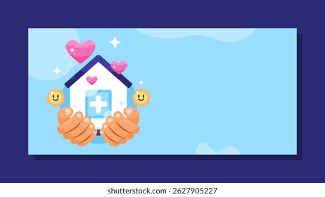 home care banner concept. health care and medical check-up at home. protection and support. illustration of a hand holding a house with heart and health symbols. horizontal blue background. flat style