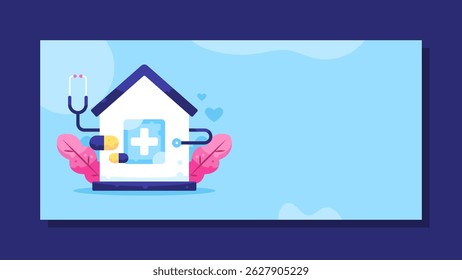 home care banner concept. health care and medical check-up at home. illustration of a house with health symbols, capsule medicine and stethoscope. horizontal blue background. flat style