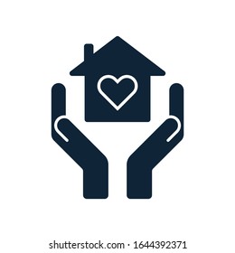 Home care concept. Hands holding home with heart inside. Shelter, roof, hospice icon. Estate property sign. House care, insurance symbol. Vector illustration