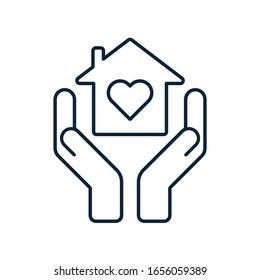 Home Care Concept. Hands Holding Home With Heart Inside. Shelter, Roof, Hospice Icon. Estate Property Sign. House Care, Insurance Symbol. Outline Style. Vector Illustration