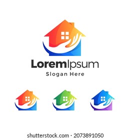 Home Care Gradient Color Logo. Home and hand Concept. Branding for Real Estate, Home Care Repair, Retirement Family Home, Cleaning Service, etc. Premium Vector Logo Template Design