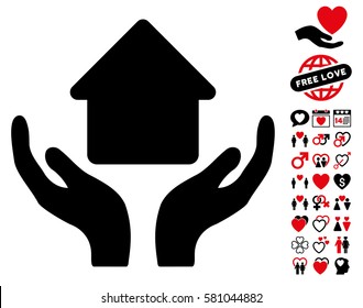 Home Care Hands icon with bonus amour symbols. Vector illustration style is flat iconic intensive red and black symbols on white background.