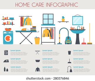 Home care and housekeeping infographic. Room with different housework icons. Flat style vector illustration. 