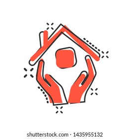 Home care icon in comic style. Hand hold house vector cartoon illustration on white isolated background. Building quality business concept splash effect.