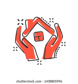 Home care icon in comic style. Hand hold house vector cartoon illustration on white isolated background. Building quality business concept splash effect.