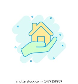 Home care icon in comic style. Hand hold house vector cartoon illustration on white isolated background. Building quality business concept splash effect.