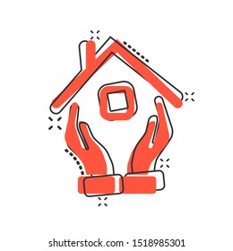 Home care icon in comic style. Hand hold house vector cartoon illustration on white isolated background. Building quality business concept splash effect.