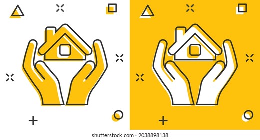 Home care icon in comic style. Hand hold house vector cartoon illustration on white isolated background. Building quality business concept splash effect.