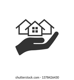 Home care icon in flat style. Hand hold house vector illustration on white isolated background. Building quality business concept.
