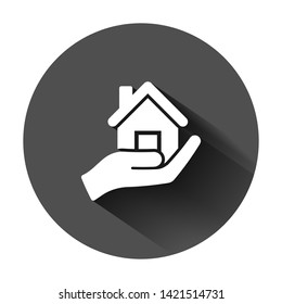 Home care icon in flat style. Hand hold house vector illustration on black round background with long shadow. Building quality business concept.