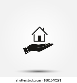Home care icon in flat style. Hand hold house vector illustration on white isolated background. Building quality business concept
