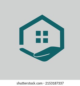 Home care icon in flat style. Hand hold house vector illustration on white isolated background. Building quality business concept.
