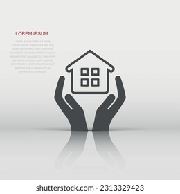Home care icon in flat style. Hand hold house vector illustration on white isolated background. Building quality business concept.