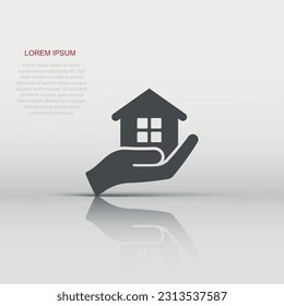 Home care icon in flat style. Hand hold house vector illustration on white isolated background. Building quality business concept.