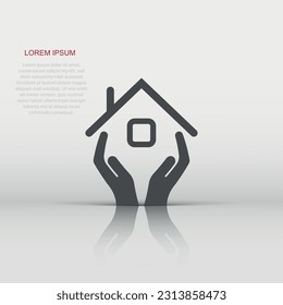Home care icon in flat style. Hand hold house vector illustration on white isolated background. Building quality business concept.