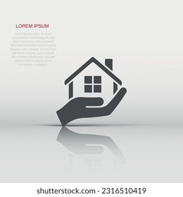 Home care icon in flat style. Hand hold house vector illustration on white isolated background. Building quality business concept.