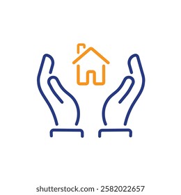 Home care icon in flat style. Hand hold house vector illustration on white isolated background. Building quality business concept.
