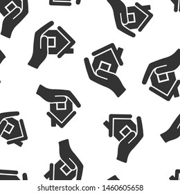 Home care icon seamless pattern background. Hand hold house vector illustration on white isolated background. Building quality business concept.