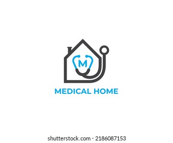 Home Care Logo Concept sign icon symbol Design with Letter M. Medical Stethoscope Health care Logotype. Vector illustration template