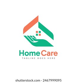 Home Care logo design with abstract roof house combined with caring hand symbol concept. Vector illustration.