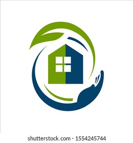 vector de diseño del logotipo del cuidado del hogar. concepto gráfico de símbolo de la hoja y de la casa
