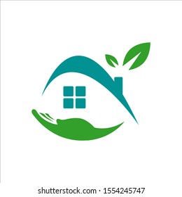 home care logo design vector. leaf hand and house symbol graphic concept