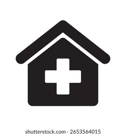 Home care service icon with a house and medical plus sign for hospital clinic real estate or adding a new health facility location vector solid glyph icon
