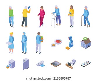 Home care services icons set isometric vector. Old care. Senior people