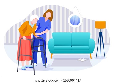 Home Care Services For Seniors. Nurse Or Volunteer Worker Taking Care Of An Elderly Woman. Vector Flat Cartoon Characters And Room Interior Illustration. Healthcare And Social Support Concept