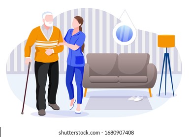 Home Care Services For Seniors. Nurse Or Volunteer Worker Taking Care Of Elderly Disabled Man. Vector Flat Cartoon Characters And Room Interior Illustration. Healthcare And Social Support Concept