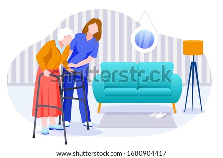 Home care services for seniors. Nurse or volunteer worker taking care of an elderly woman. Vector flat cartoon characters and room interior illustration. Healthcare and social support concept