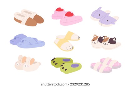 Home cartoon slippers for kids and adults. Fluffy slipper, winter footwear for house. Warm comfortable bedroom footwears racy vector collection