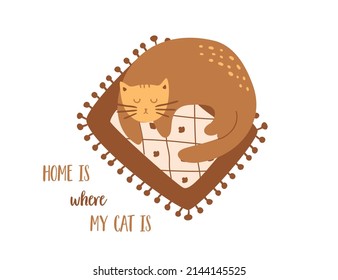 Home cat phrase. Domestic cat lie on blanket isolated element. Text Home is where your cat is. Vector illustration poster. Lovely cozy cat curled up Childish graphic design for home stage.