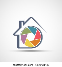 Home CCTV security camera. Logo monitoring and surveillance device. Vector icon.