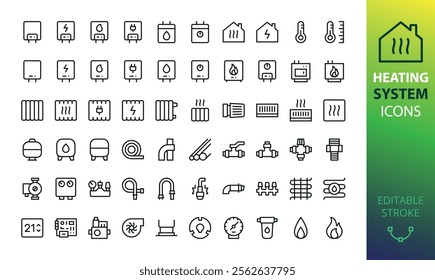 Home central heating system icons.  Set of electric and gas boiler parts, radiator, warm floor, water heater vector icon with editable stroke