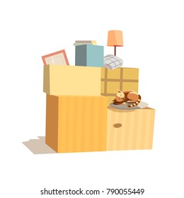 Home Change Icon. Package To Move To New House, Moving Cardboard Boxes, Domestic Animal Pussy Cat. Relocation To Apartment, Paper Container Delivery Packing. Comic Fancy Cartoon. Vector Illustration