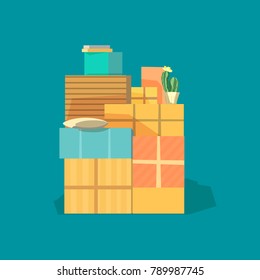 Home change. Package domestic objects to move to new house, moving cardboard boxes. Relocation to apartment, paper box container delivery packing. Mover service advertisement flat vector background