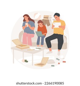 Home chaos isolated cartoon vector illustration. Family members overusing gadgets, adults bad habits, pizza boxes on the table, unhealthy lifestyle, untidy room, mess in a house vector cartoon.