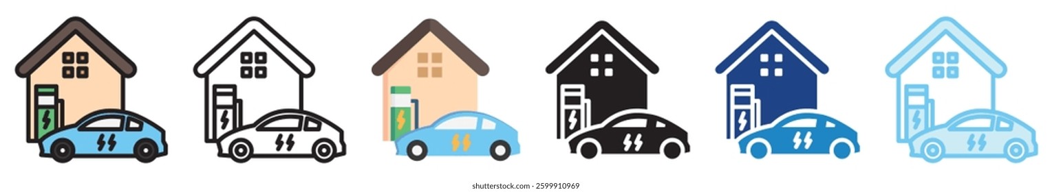 Home Charger multi style, mini illustration icon set. outline, flat, glyph, line color, UI, UX, app and web, digital or print. vector EPS 10 related to EV, electric car, transportation.