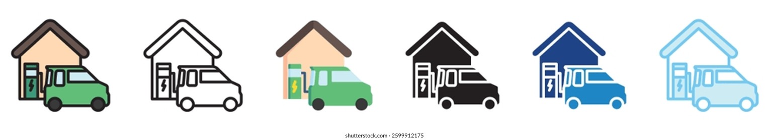 Home Charger multi style, mini illustration icon set. outline, flat, glyph, line color, UI, UX, app and web, digital or print. vector EPS 10 related to EV, electric car, transportation.