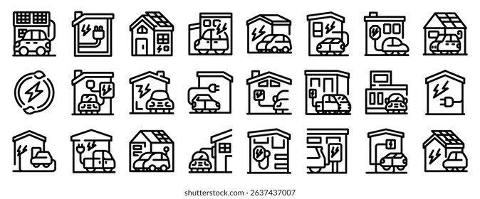 Home charging icons set. Electric vehicles charging at home, utilizing solar panels for sustainable and eco friendly transportation