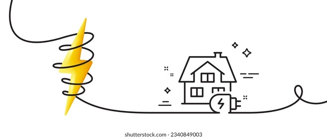 Home charging line icon. Continuous one line with curl. House car charger sign. Electric power symbol. Home charging single outline ribbon. Loop curve with energy. Vector