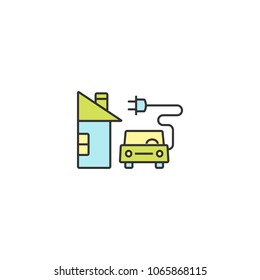 Home charging station icon outline, linear, editable stroke vector object. Electric car conceptual.
