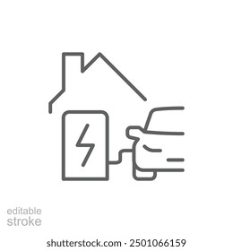 Home charging station icon. Simple outline style. Charging electric vehicle at home, building, house, green energy, technology concept. Thin line symbol. Vector illustration isolated. Editable stroke.