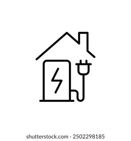 Home charging station icon. Simple outline style. Charging electric vehicle at home, building, house, green energy, technology concept. Thin line symbol. Vector illustration isolated.