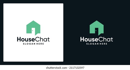 Home And Chat Building Logo Vector Icon Design Illustration. House Logo With Open Door. Premium Vector