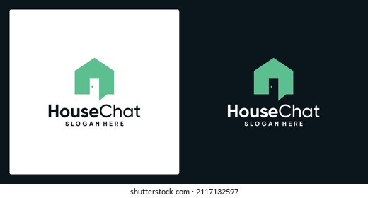 Home and chat building logo vector icon design illustration. house logo with open door. Premium vector