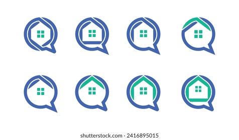 Home Chat Logo Set Concept symbol sign icon Element Design. Speak, Talk, Bubble, Realtor, Real Estate, House, Consulting Logotype. Vector illustration template